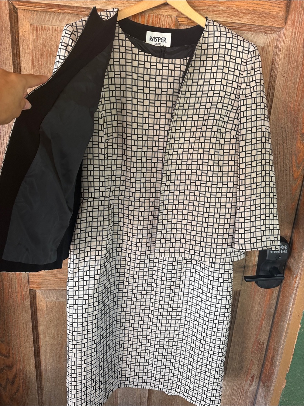 Kasper Black and White Geometric Midi Dress with Cropped Jacket Set